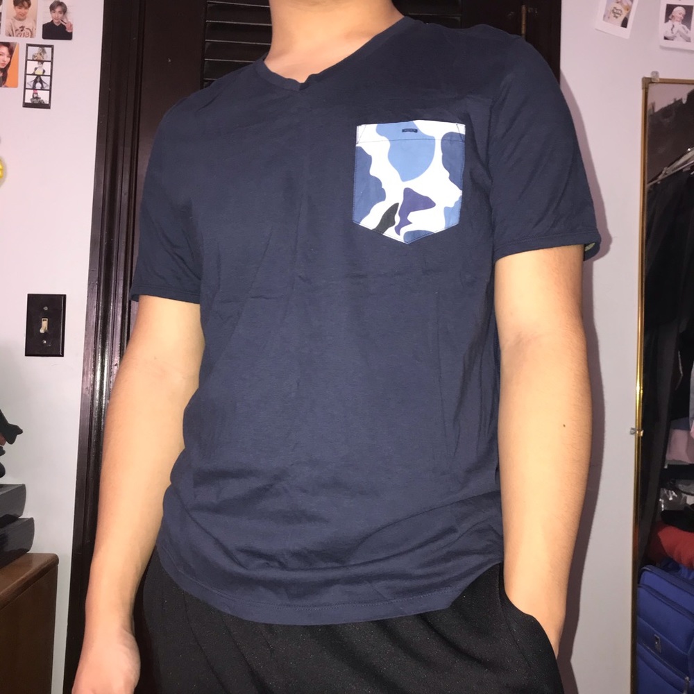 navy blue t-shirt with blue camo pocket